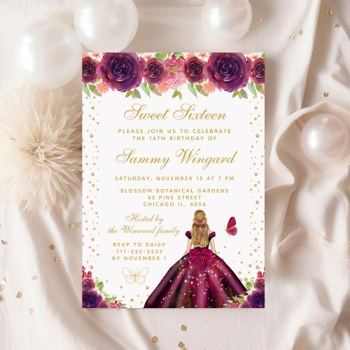 Plum Floral Blonde Hair Princess Sweet Sixteen Invitation