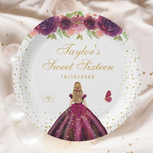 Plum Floral Blonde Hair Princess Sweet Sixteen Paper Plates