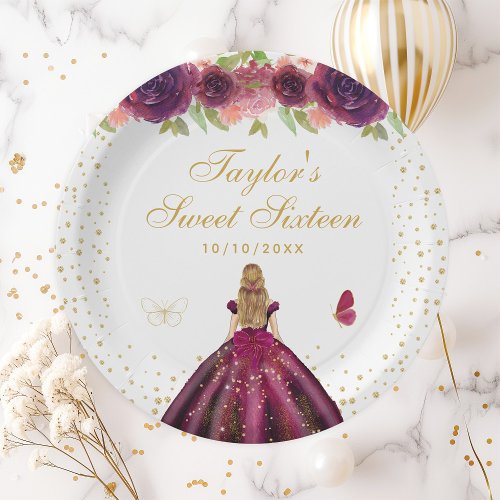 Plum Floral Blonde Hair Princess Sweet Sixteen Paper Plates