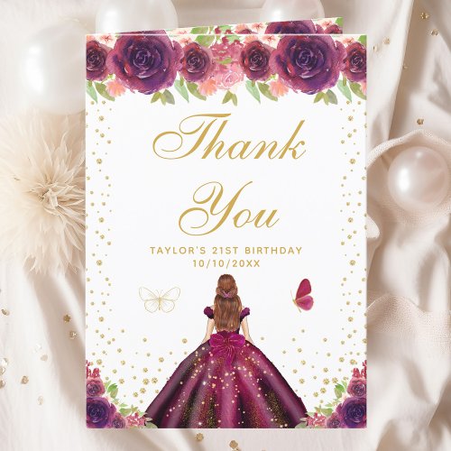 Plum Floral Brown Hair Girl Birthday Party Thank You Card