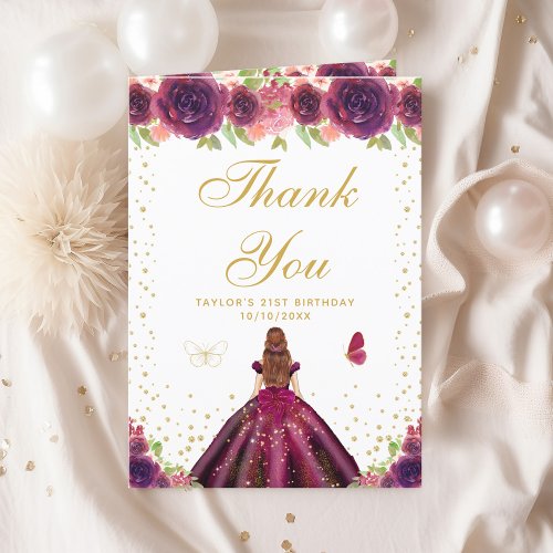 Plum Floral Brown Hair Girl Birthday Party Thank You Card