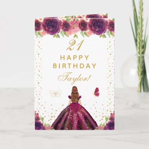 Plum Floral Brown Hair Girl Happy Birthday Card