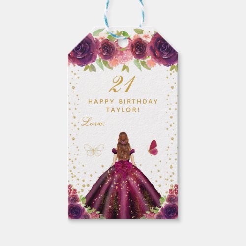 Plum Floral Brown Hair Girl Happy Birthday Gift Tags