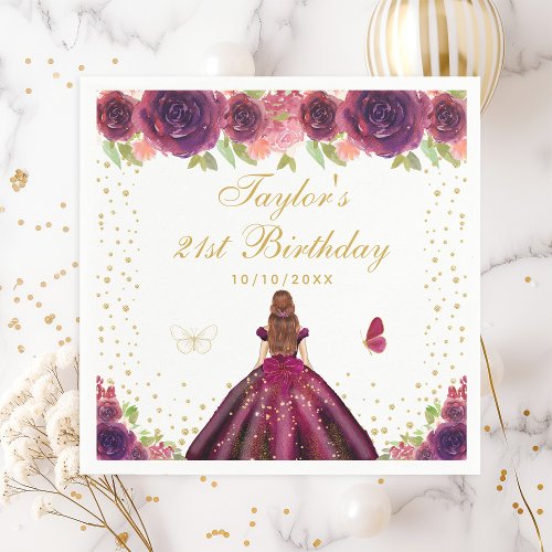 Plum Floral Brown Hair Princess Birthday Party Napkins