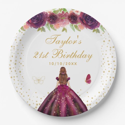 Plum Floral Brown Hair Princess Birthday Party Paper Plates