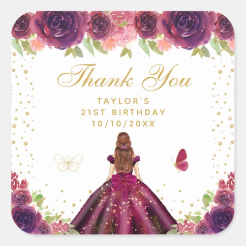Plum Floral Brown Hair Princess Birthday Party Square Sticker
