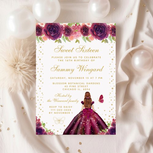 Plum Floral Brown Hair Princess Sweet Sixteen Invitation