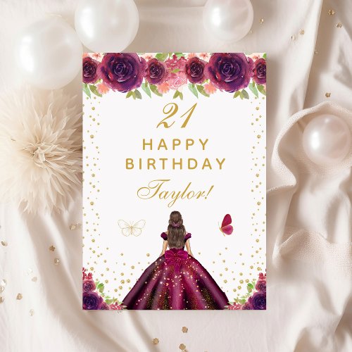 Plum Floral Brunette Hair Girl Happy Birthday Card