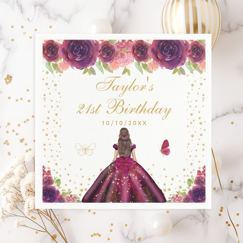 Plum Floral Brunette Hair Princess Birthday Party Napkins