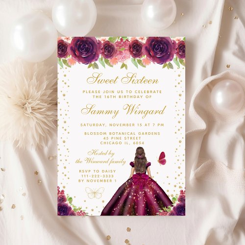 Plum Floral Brunette Hair Princess Sweet Sixteen Invitation