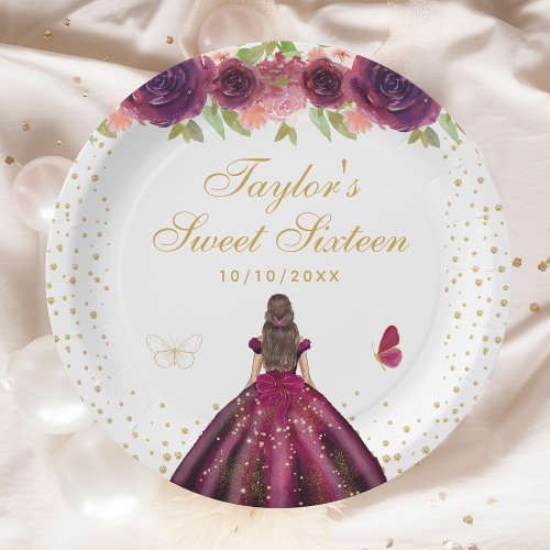 Plum Floral Brunette Hair Princess Sweet Sixteen Paper Plates