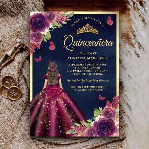 Plum Floral Butterfly Navy Blue Gold Quinceanera Invitation