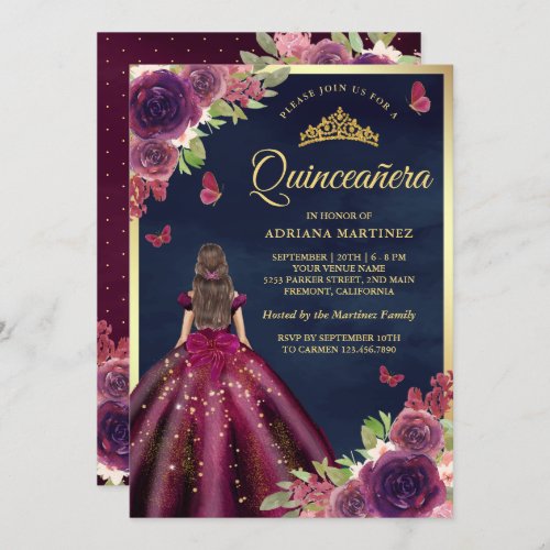 Plum Floral Butterfly Navy Blue Gold Quinceanera Invitation