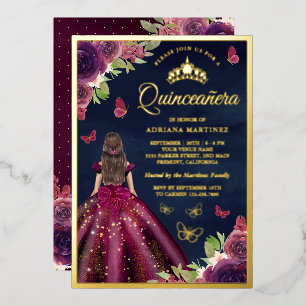 Plum Floral Butterfly Navy Blue Quinceanera Gold Foil Invitation