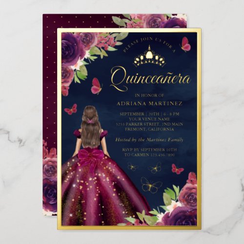 Plum Floral Butterfly Navy Blue Quinceanera Gold Foil Invitation