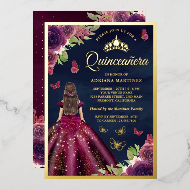 Plum Floral Butterfly Navy Blue Quinceanera Gold Foil Invitation (Front/Back)