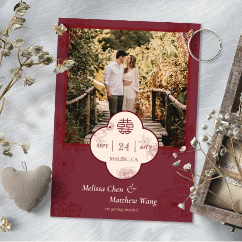 Plum Floral Chinese Wedding Photo Save the Date