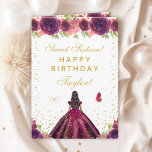 Plum Floral Dark Skin Girl Sweet Sixteen Card<br><div class="desc">This elegant and glamorous sweet sixteen birthday card can be personalized with a name or title such as daughter, granddaughter, niece, friend etc. The design features a beautiful princess with dark hair and dark skin in a plum purple ball gown. The text combines handwritten script and modern sans serif fonts...</div>