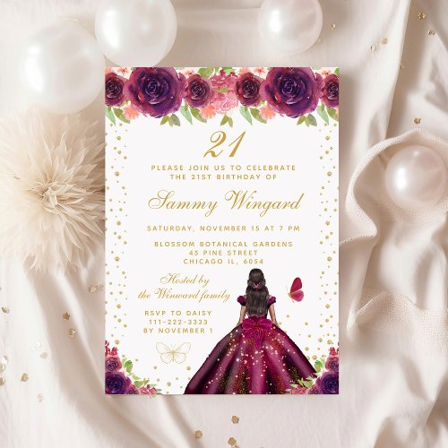 Plum Floral Dark Skin Princess Birthday Party Invitation