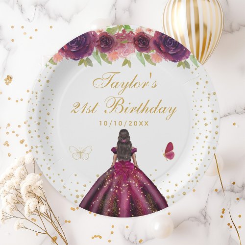 Plum Floral Dark Skin Princess Birthday Party Paper Plates