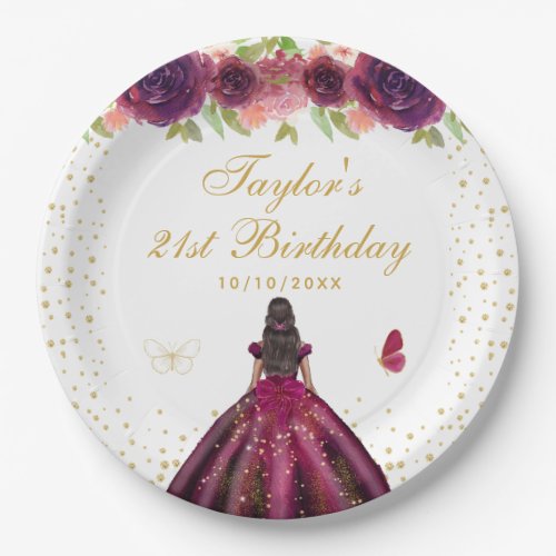 Plum Floral Dark Skin Princess Birthday Party Paper Plates