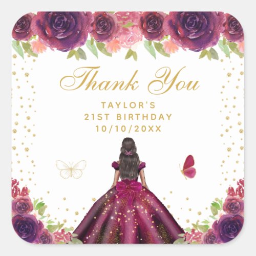 Plum Floral Dark Skin Princess Birthday Party Square Sticker