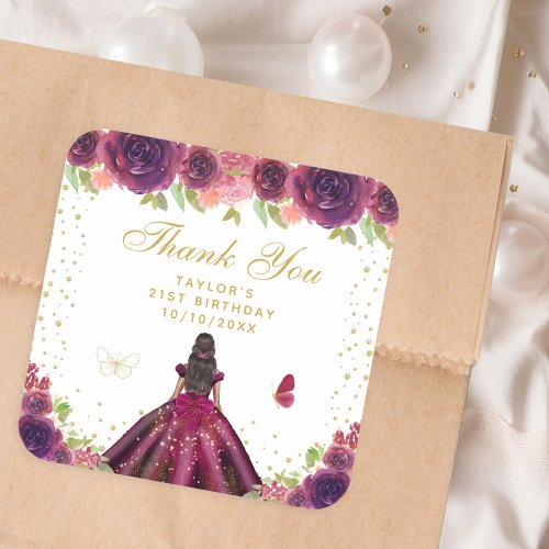 Plum Floral Dark Skin Princess Birthday Party Square Sticker