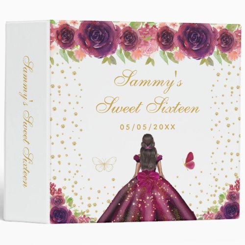 Plum Floral Dark Skin Princess Sweet Sixteen 3 Ring Binder