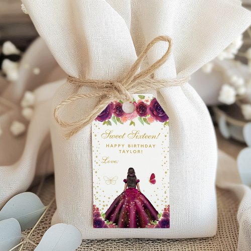 Plum Floral Dark Skin Princess Sweet Sixteen Gift Tags