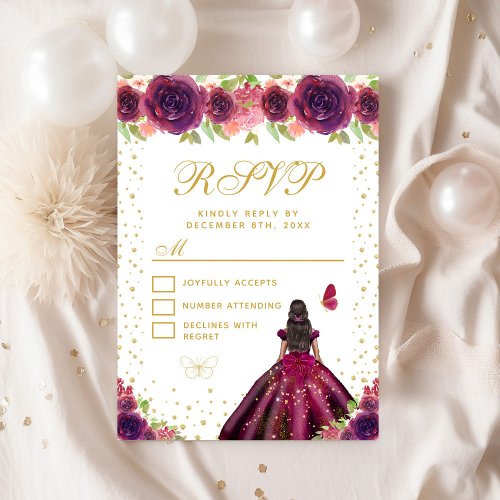 Plum Floral Dark Skin Princess Sweet Sixteen RSVP Card