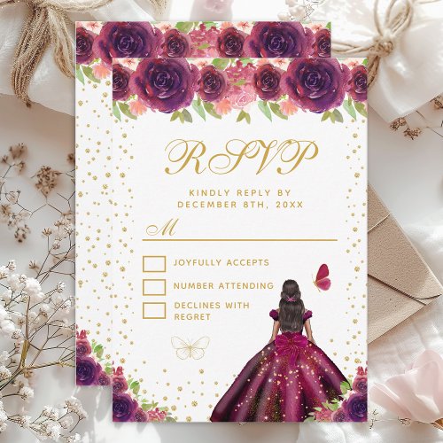 Plum Floral Dark Skin Princess Sweet Sixteen RSVP Card