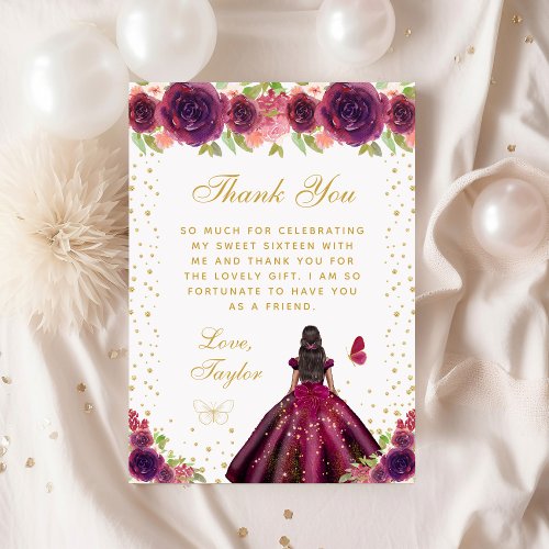 Plum Floral Dark Skin Princess Sweet Sixteen Thank You Card