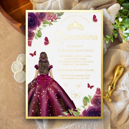 Plum Floral Dress Butterfly Quinceanera Gold Foil Invitation