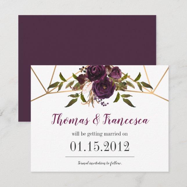 Plum Floral Faux Gold Geometric Save the Date Card (Front/Back)