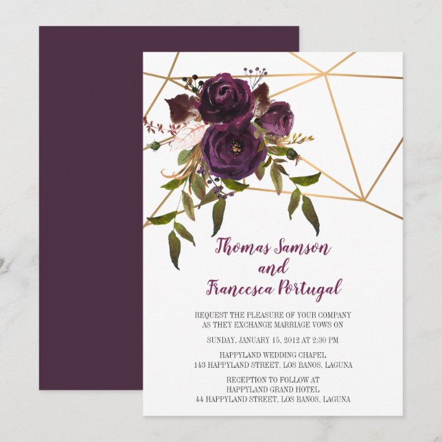 Plum Floral Faux Gold Geometric Wedding Invitation (Front/Back)