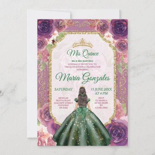 Plum Floral Girl Charra Mis Quince Emerald Green Invitation
