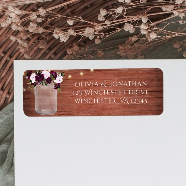Plum Floral Lights Mason Jar Rustic Wedding  Label (Creator Uploaded)