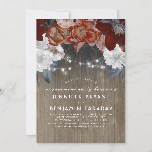 Plum Floral Lights Rustic Engagement Party Invitation