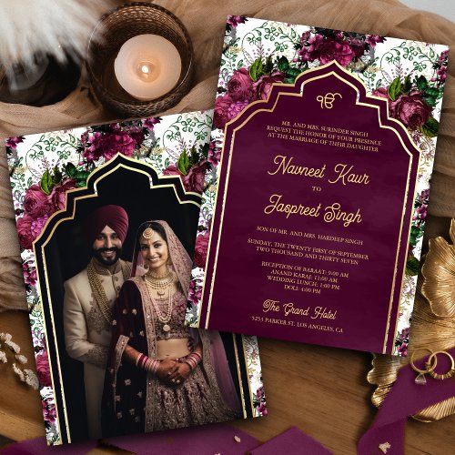 Plum Floral Photo Anand Karaj Sikh Wedding Invitation