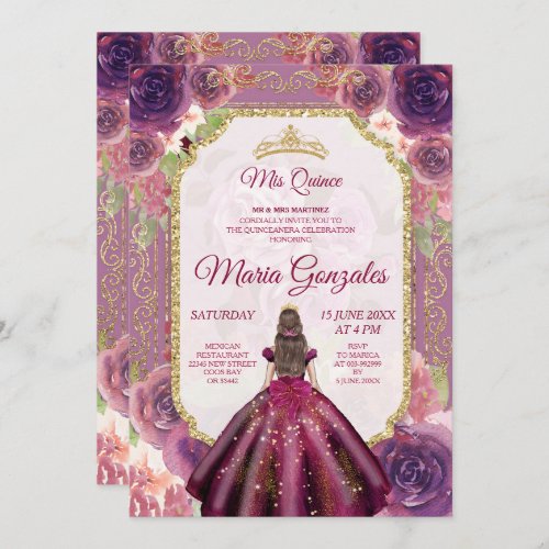 Plum Floral Roses Girl Charra Mis Quince Invitation