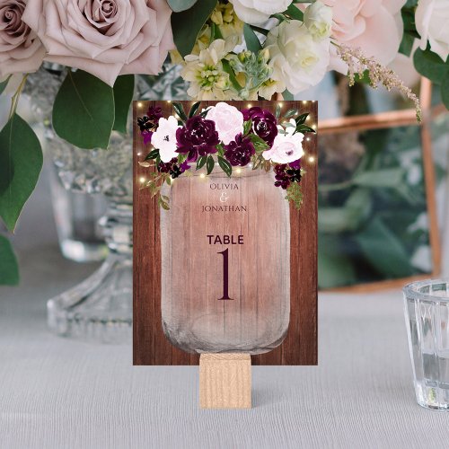 Plum Floral Rustic Wood Mason Jar Wedding Table Number