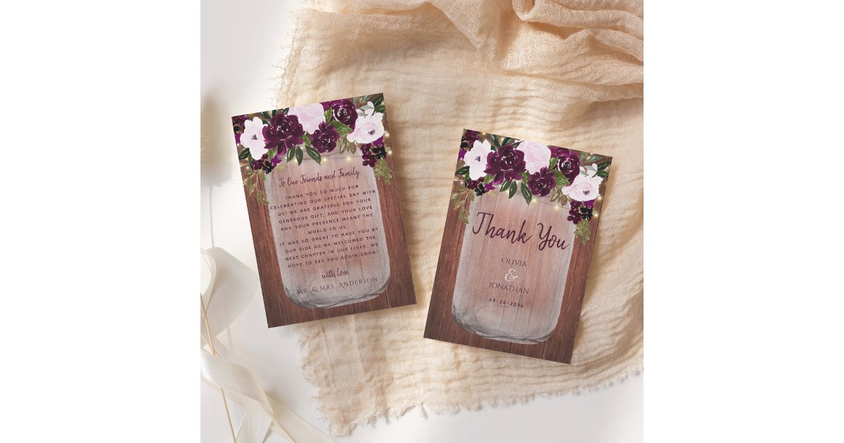 Plum Floral Rustic Wood Mason Jar Wedding Thank You Card | Zazzle