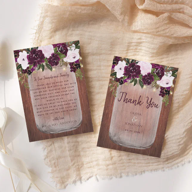 Plum Floral Rustic Wood Mason Jar Wedding Thank You Card | Zazzle