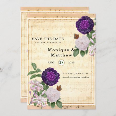 Plum Floral Vintage Sheet Music Save The Date Invitation