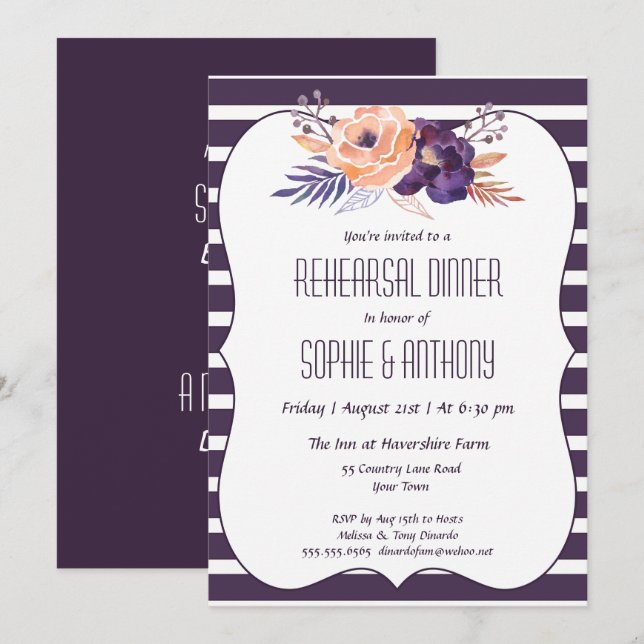 Plum Floral Wedding Rehearsal Dinner Invitation (Front/Back)