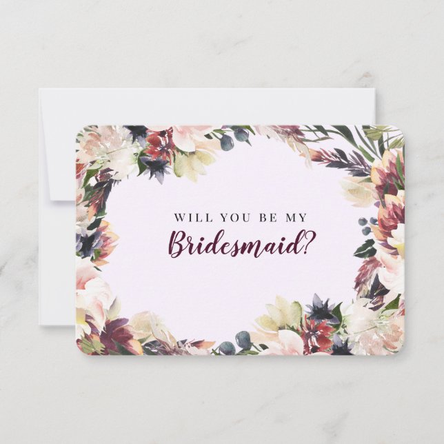 Plum Floral Will You Be My Bridesmaid Proposal Invitation (Front)