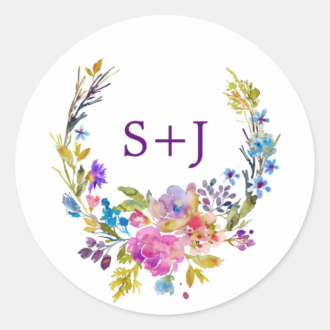 Plum Floral Wreath Monogram Wedding Envelope Seals (Front)