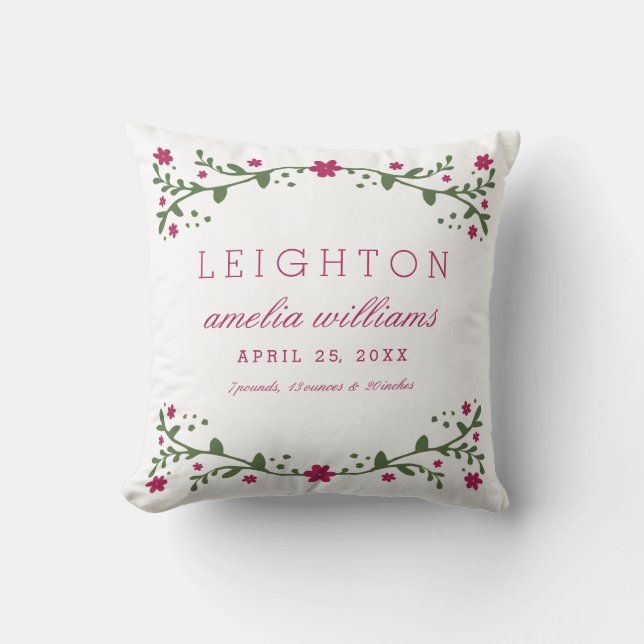 Plum Florals Baby Birth Information Pillow (Front)