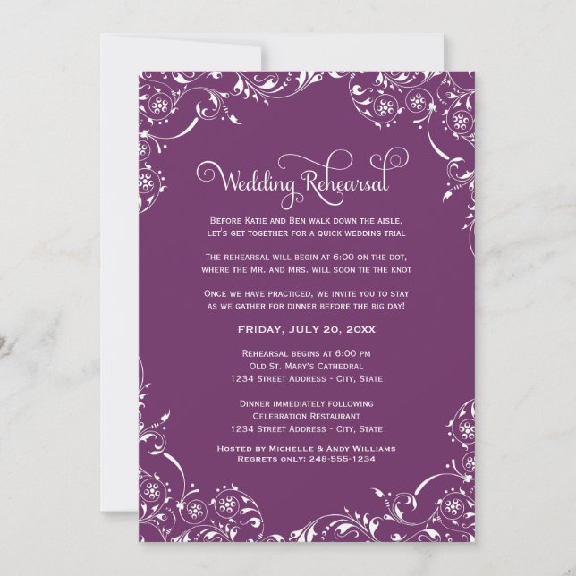 Plum Flourish Wedding Rehearsal Invitation (Front)