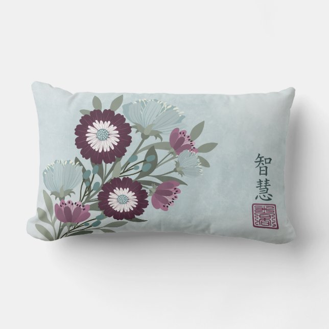 Plum gerbera daisy blue floral bouquet Asian art Lumbar Pillow (Front)